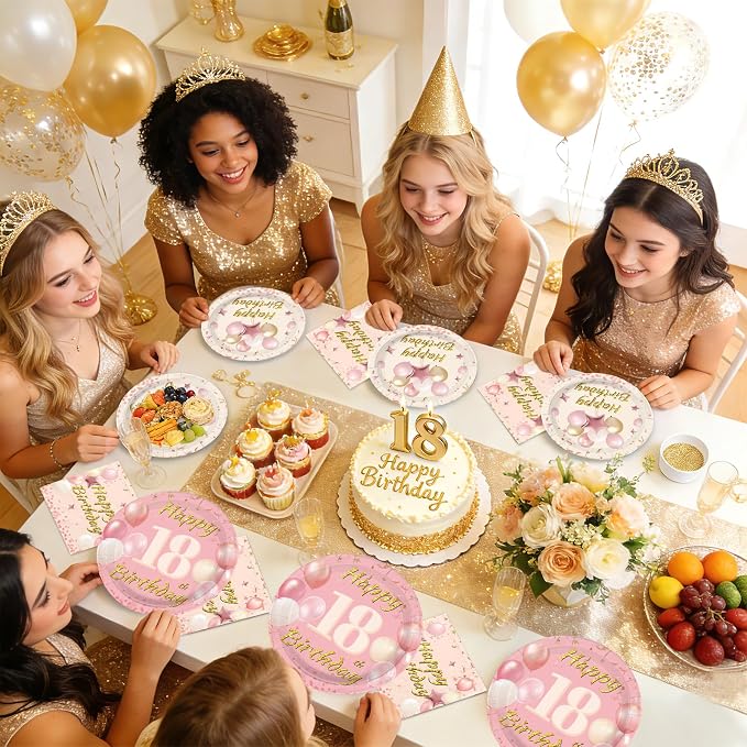 96Pcs Blush Beige 18th Birthday Decorations Boho Dusty Pink Plates and Napkins Disposable Pink Rose Gold 18 Happy Birthday Tableware Set for Girls 18 Years Old Party Supplies, Serves 24