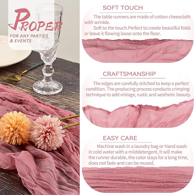 10 Packs Cheesecloth Table Runner Dusty Rose, 35x120 inch Dark Pink Rustic Gauze Boho Wedding Table Runner Decoration, Wedding Table Decor Table Cloth for Wedding Party Bridal Shower Table
