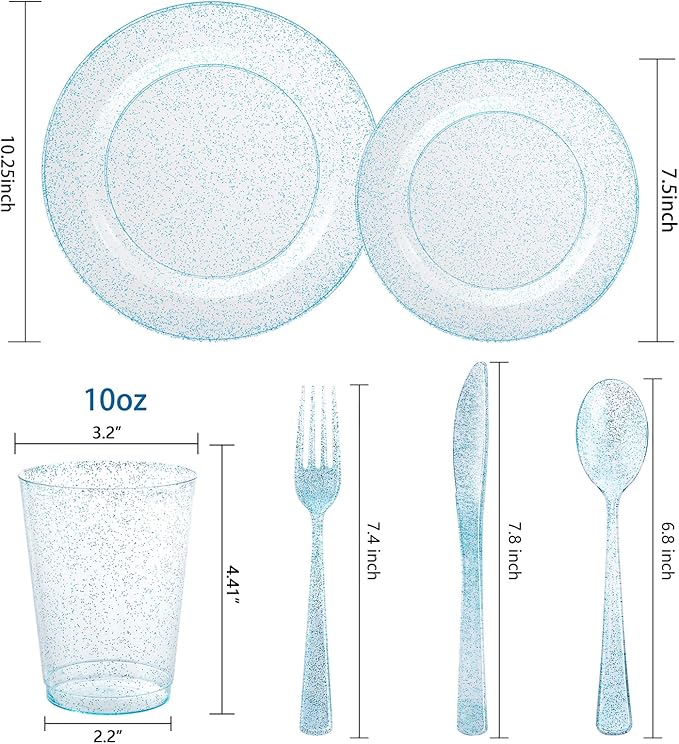 Rubtlamp 180Pcs Blue Glitter Dinnerware Set(30 Guests), Blue Plastic Plate With Gitter Disposable Silverware, Gitter Plate Set Include 30Dinner Platos, 30Dessert Platos, 90Cutlerys, 30Cups for Party