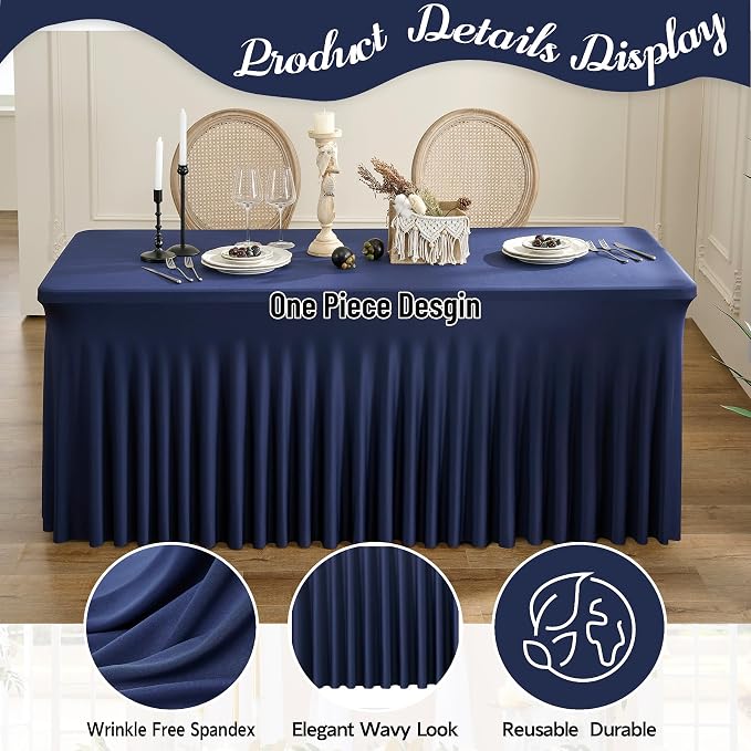 leegleri 6 Pack Navy Blue Spandex Table Clothes for 6 Foot Rectangle Tables, Wrinkle Free Fitted Table Cover 6ft Stretch Tablecloths with Skirt for Parties Weddings Birthday Banquet Baby Shower
