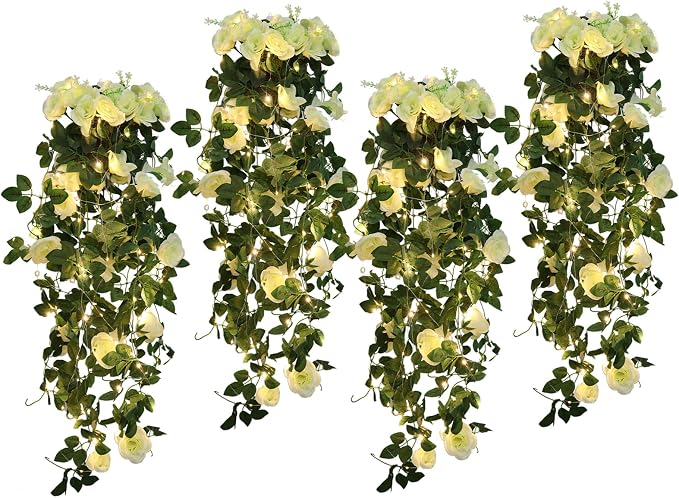 RECUTMS Artificial White Rose Hanging Flower Plants, 4pcs 37Inch Fake Floral Ivy Garland with 30 LED Fairy String Lights for Outdoors Home Room Wedding Memorial Day Funeral Bridal Shower Indoor Decor