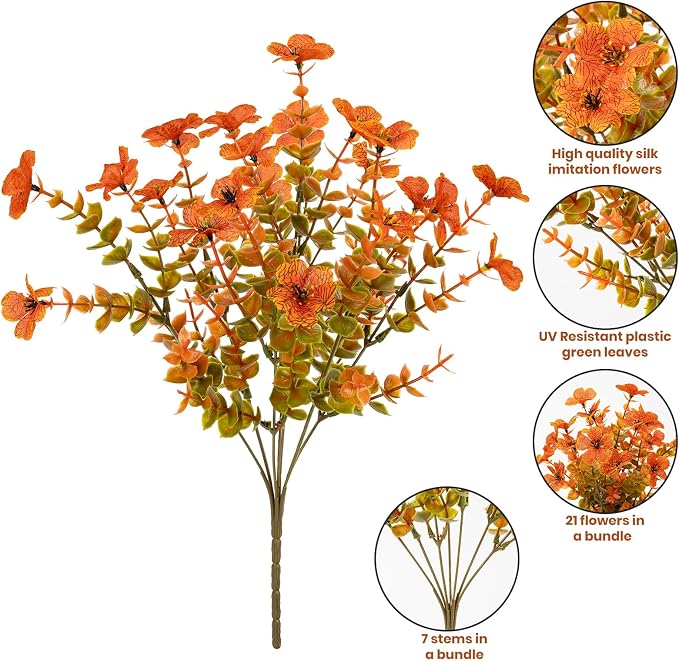 Lnoicy 20 Bundles Artificial Fake Mums for Outdoor Fake Plants for Autumn Decoration,Faux Eucalyptus Flowers for Planter UV Resistant Lifelike for Home Porch Garden (Fall Orange)