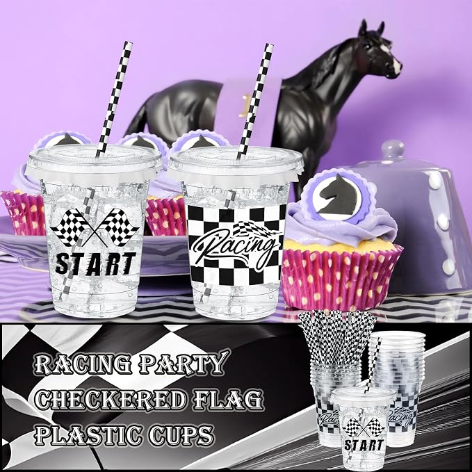 FoldTier 50 Pcs Checkered Racing Party Plastic Cups 12 oz White Black Checkered Flag Clear Cups with Straws and Lids Disposable Drink Cup for Race Car Sport Theme Birthday Party Supplies Baby Shower