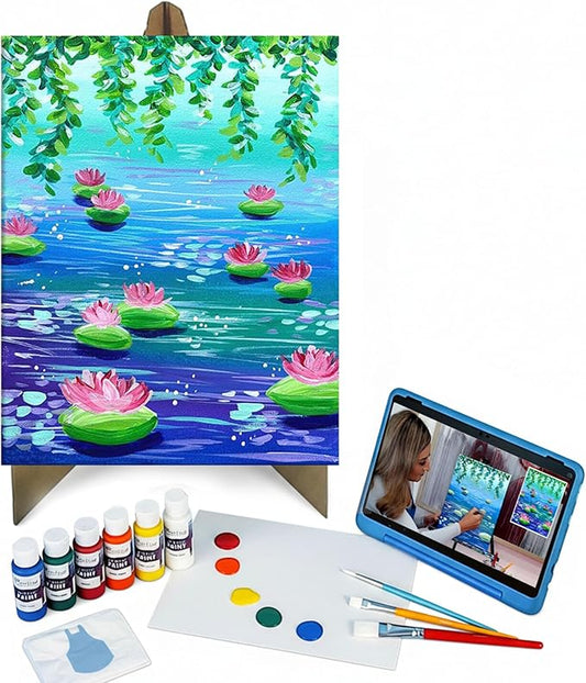 Painting to Gogh - Lovely Lilies – Junior Artist Painting Kit – Ages 7+– 11x14 Canvas, 3 Paint Brushes, Acrylic Paint, Cardboard Easel, Palette, Apron & Step-by-Step Tutorial for Kids