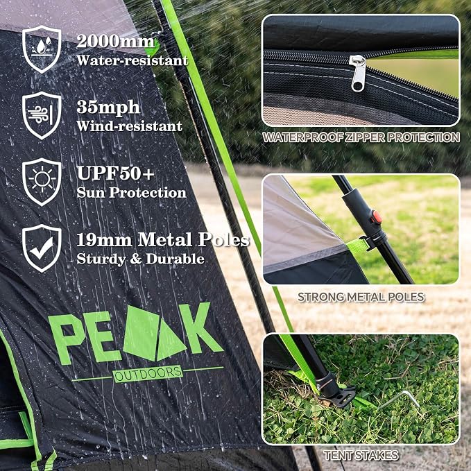 PEAK OUTDOORS Instant Tent 6/8 Person Tents for Camping, 60 Second Easy Setup Portable Camping Cabin Tent with Rainfly, Waterproof Pop Up Tents for Family Camping & Hiking with Expandable Carry Bag