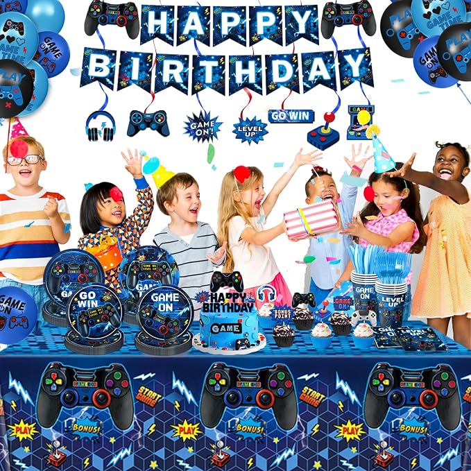 Video Game Birthday Decorations Includes Plates, Napkins, Cups, Cutlery, Cake & Cupcake Toppers, Banner, Hanging Swirls, Tablecloths, Balloons for Boys Gamer Birthday Party Decorations, Serves 24