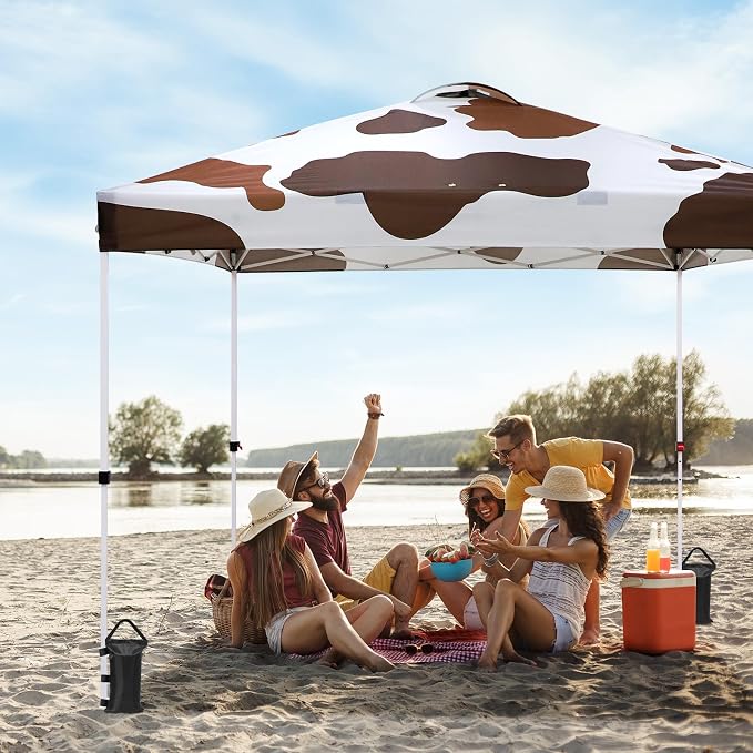 EAGLE PEAK Pop Up Canopy Tent with Wheeled Carry Bag, 8 Stakes, 4 Ropes, 4 Weight Bags, Easy Set Up Tent Canopy, 10x10 ft, 100sqft of Shade, Brown Cow Print