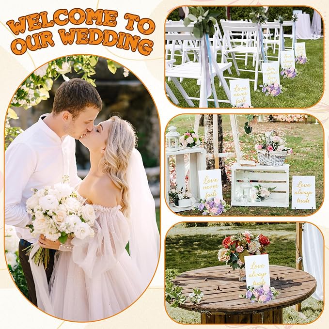 GlikCeil 8 Pcs Wedding Aisle Signs 11.8 x 7.9 Inch 1 Corinthians 13 Wooden Wedding Signs Love Is Patient Kind Rustic Wood Signage Bible Verses Wall Decor Gift (White，Gold)