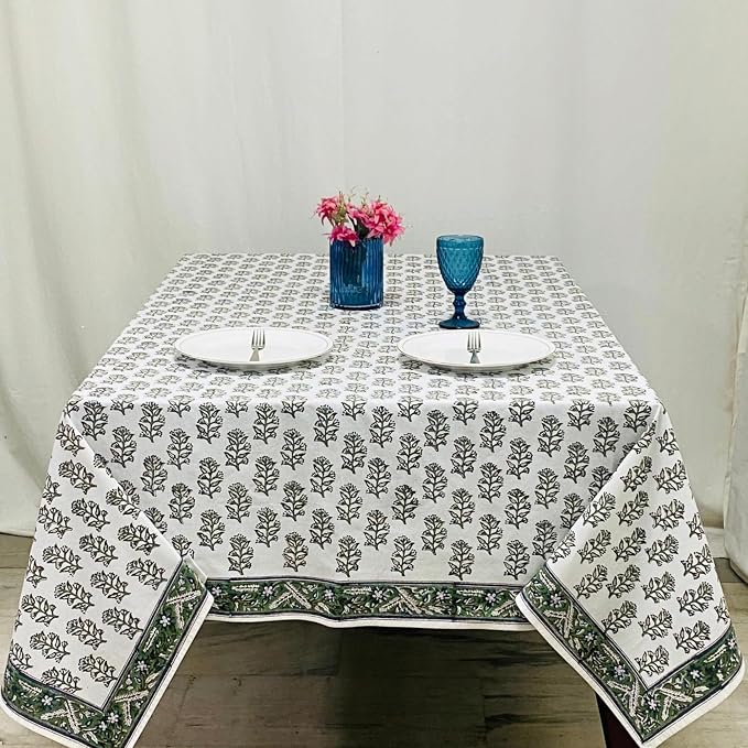 Ridhi Evergreen Grace Hand Block Print Cotton Rectangle Tablecloth 108" x 70" inches Reusable Table Cover Decorative Everyday Use for Dining Room, Farmhouse, Home Gift for Spring, Mother's Day