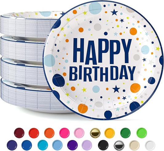 Exquisite Blue Happy Birthday Plates 9" Birthday Paper Plates 100 Pcs Blue Party Plate | Disposable Heavy Duty 350 Gsm Disposable Plate For Party Supplies And Decorations
