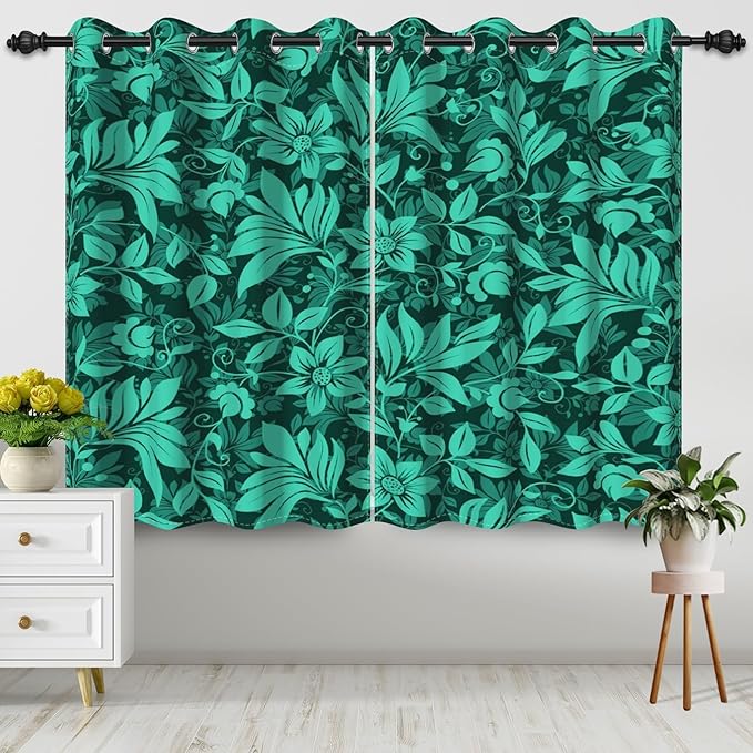 Spring Green Leaves Window Curtains Mysterious Green Flowers Plants Blackout Window Drapes Spring Scenery Window Treatment Sets Bedroom Living Room Light Blocking Decor,26x45 inch,2 Panels