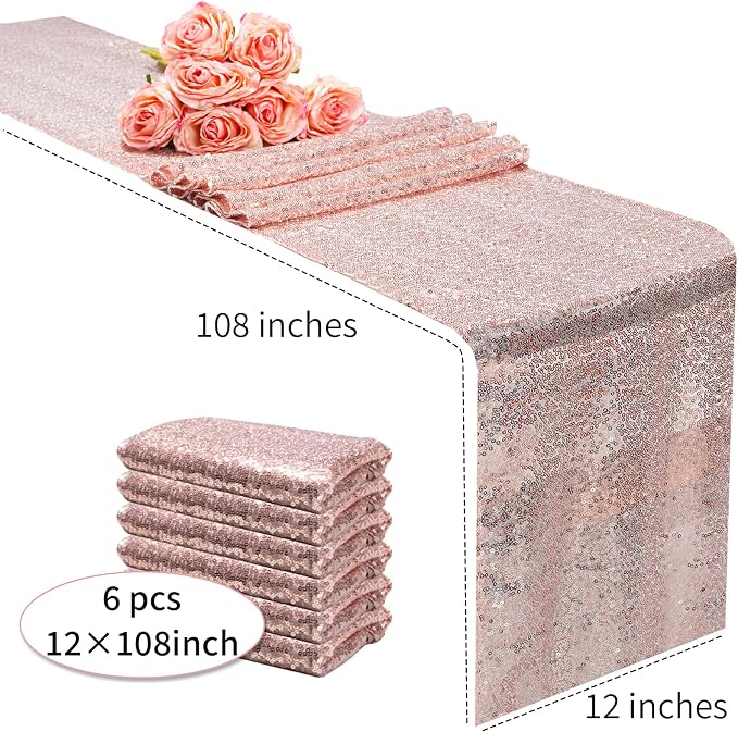 12x108 inch Rose Gold Sequin Table Runner Sparkly Glitter Table Linens 6 Packs for Party Decorations Wedding Birthday Baby Shower Engagement Anniversary