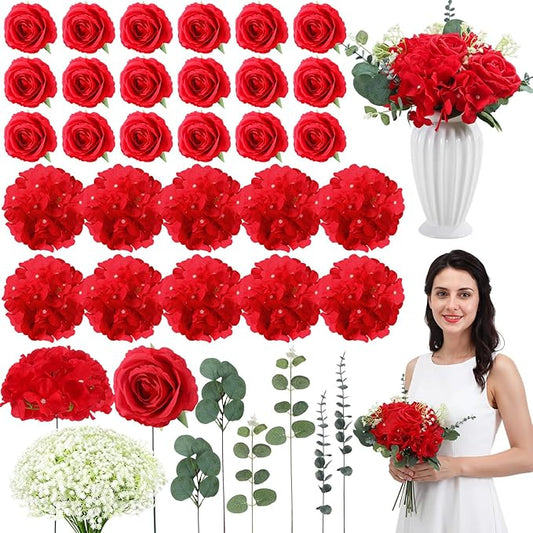 Suncalla 310 Pcs Baby's Breath Artificial Rose Bulk DIY Bouquet Bulk Hydrangea Artificial Flowers Wedding Bouquets Floral Arrangement for Wedding Centerpieces Decor(Red)