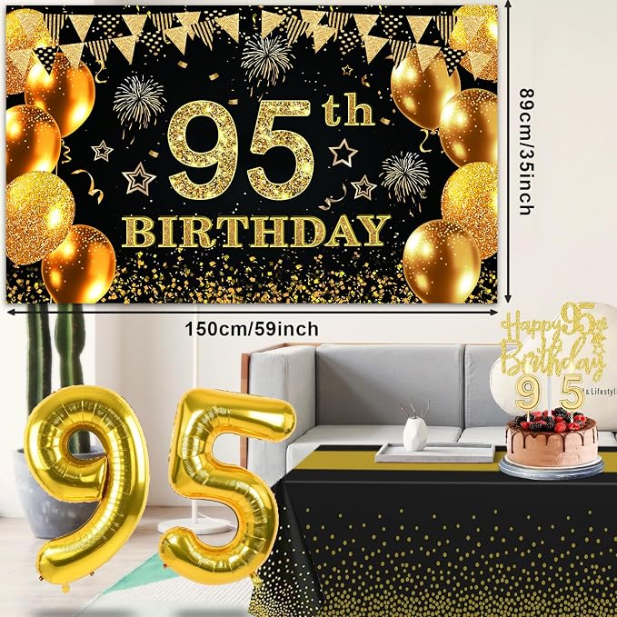95th Birthday Party Decorations with 95th Birthday Banner, Black and Gold Table Cloth, Number Balloons, Large Sash, Cake Topper and Candles