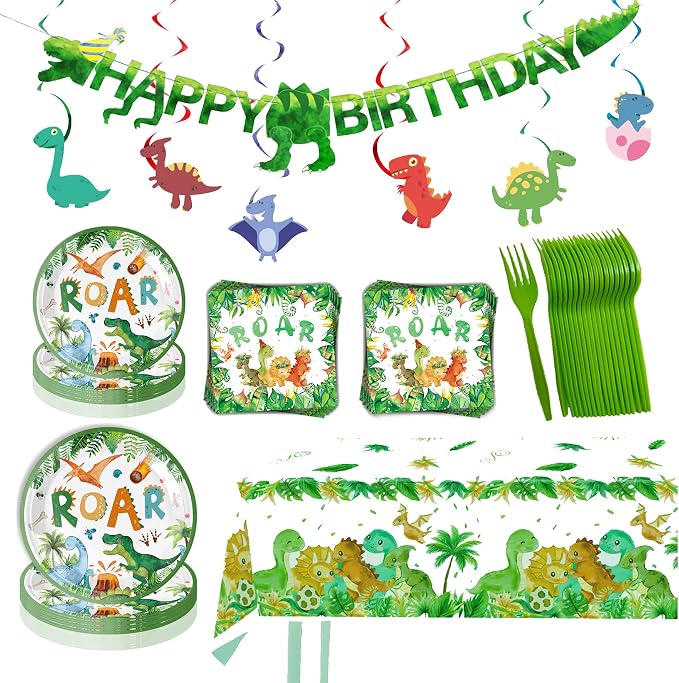 Dinosaur Birthday Party Supplies with Banner, 20 Serves Dinosaur Disposable Tableware Set with Plates, Forks, Napkins, Swirls,and Cutlery Sets for Dinosaur Themes Party Kids Years