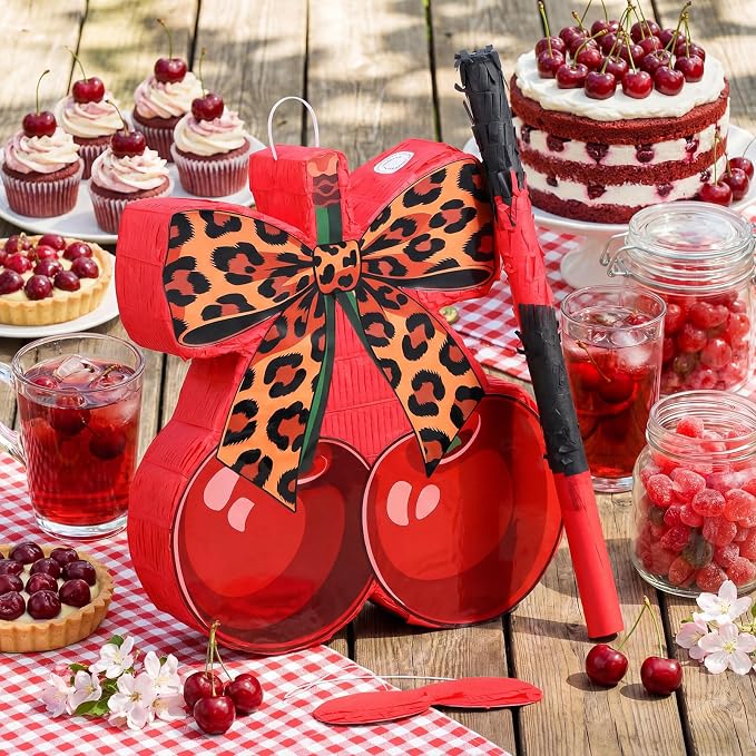 VioraWhite Cherry Leopard Print Piñata Set Cherry Cheetah Piñata Game with Blindfold Hitting Stick Cheetah Print Red Black Party Theme Decoration for Bachelorette Jungle Animals Women Party Supplies