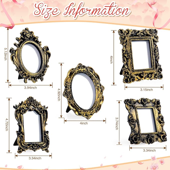 Maitys 30 Pcs Mini Picture Vintage Frames with Stands Tiny Antique Photo Baroque Ornate Resin Oval Frame Table Top Display Home Wedding Decor (Black Gold)