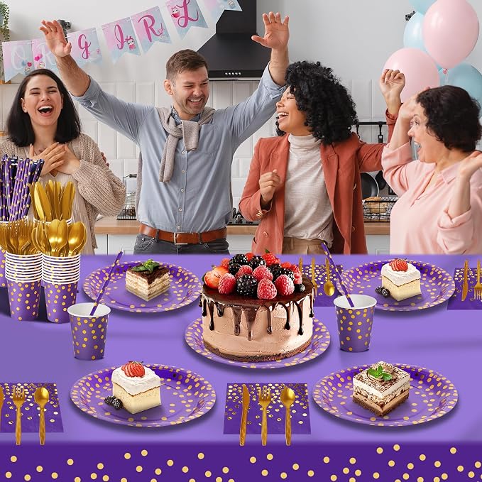 Nkaiso Paper Plates and Napkins Set, 193 Pieces Purple Gold Party Supplies Includes Paper Plates Cups Napkins Straws and Cutlery for Birthday Wedding Holidays Parties Decorations-24 Guests