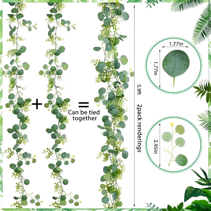 6 Sets 9.8ft White Cheesecloth Table Runner with 5.9ft Artificial Eucalyptus Garland Rustic Boho Wedding Greenery Garland for Table Outdoor Wedding Arch Baby Showers Bridal Party Decor