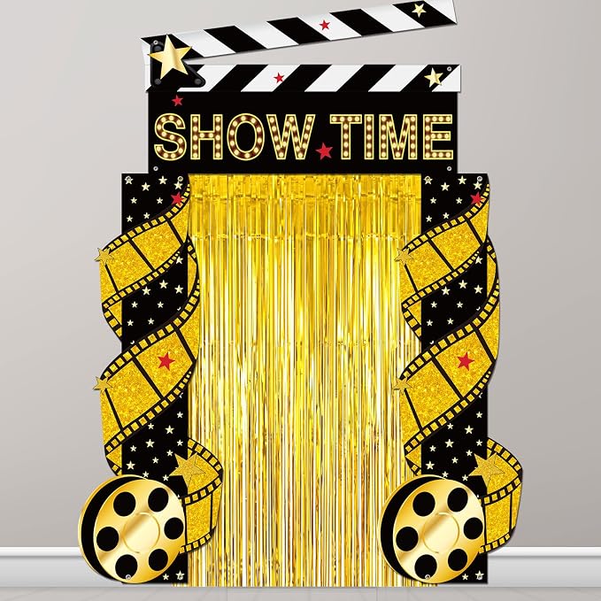 Peryiter 5 Pcs Movie Night Party Decorations Set, Movie Theme Door Banners Gold Tinsel Curtains Double Sided Tape for Film Night Party Supplies