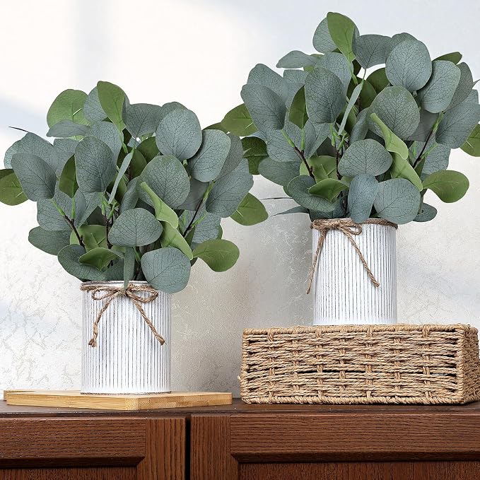 Eucalyptus Table Centerpieces - Set of 6 Artificial Greenery Plants with Farmhouse Metal Vase for Home Kitchen Decorations