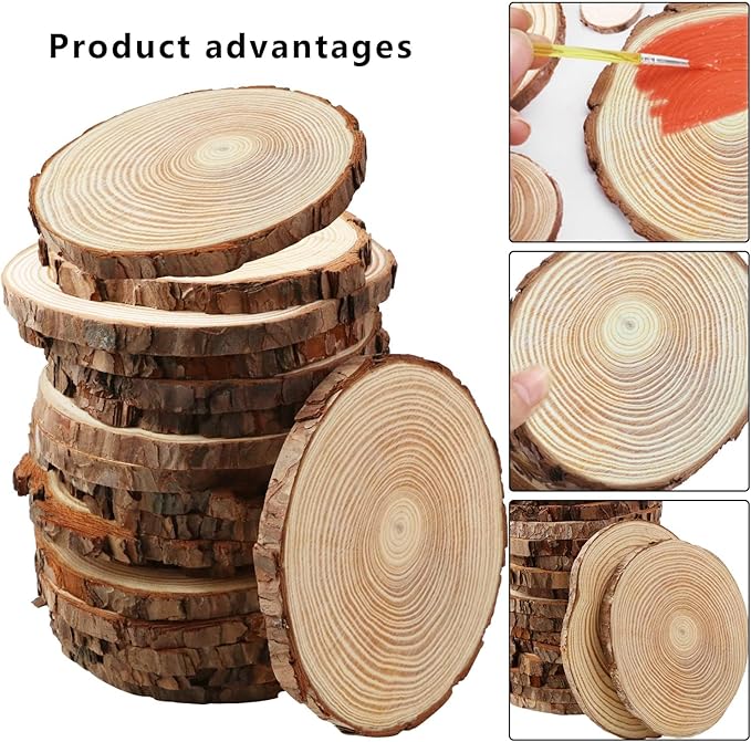 FSWCCK 17 PCS Unfinished Wood Slices for Centerpieces - 5.1-5.5 Inch,Round Natural Discs with Tree Bark, Wooden Cookies Circles for Crafts Christmas Ornaments, Rustic Wedding Decor,Table Decoration