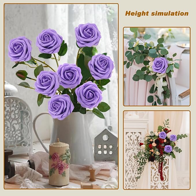 JOYLEX Artificial Flowers Realistic Roses, 50pcs Real Looking Fake Roses with Stem for DIY Wedding Bouquets Centerpieces Bridal Shower Party Home Romantic Decorations (50pcs, Purple)