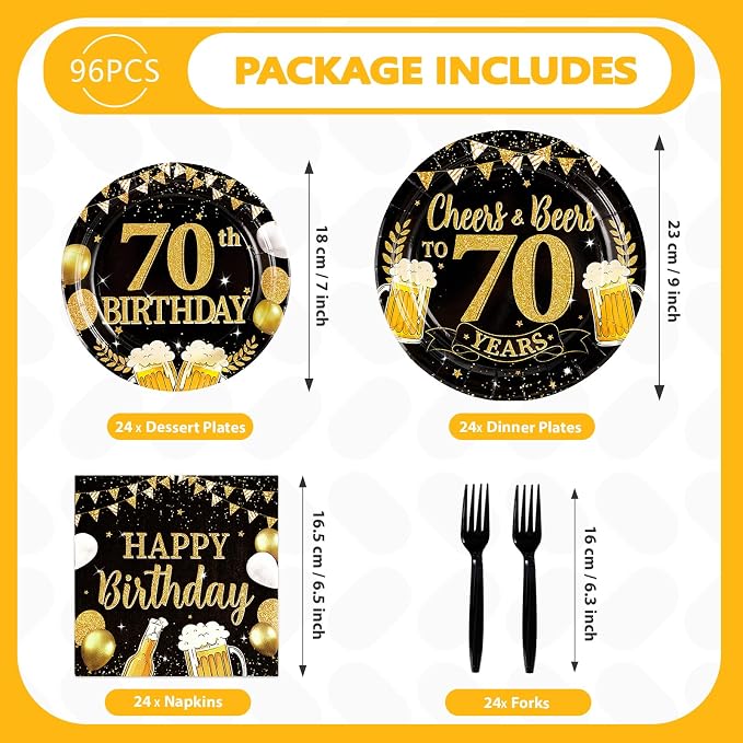 96Pcs 70th Birthday Party Supplies Black Gold Plates and Napkins Tableware Sets Cheers and Beers to 70 Years Decorations Favors for Men Women 70 Years Old Birthday Dinner Holiday Party Serves 24