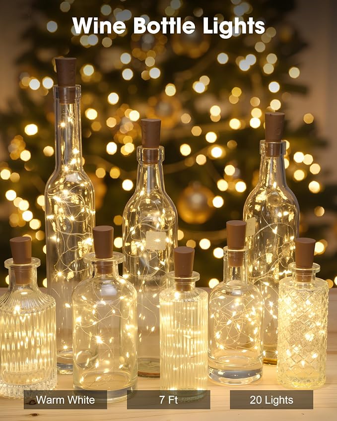 Hortsun 80 Pack Wine Bottle LED Lights with Cork Fairy Mini String Lights Battery Operated Mini Waterproof 7 ft Silver Wire 20 LED Cork Shape for Valentines, DIY, Party, Decor, Wedding (Warm White)
