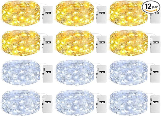 12 Pack Fairy Lights with Timer Battery Operated, 3 Modes 7ft Mini Twinkle Lights Waterproof, 20 LED Bulk String Light for Mason Jars Christmas Decoration Wedding Table Centerpieces,Warm+Cool White