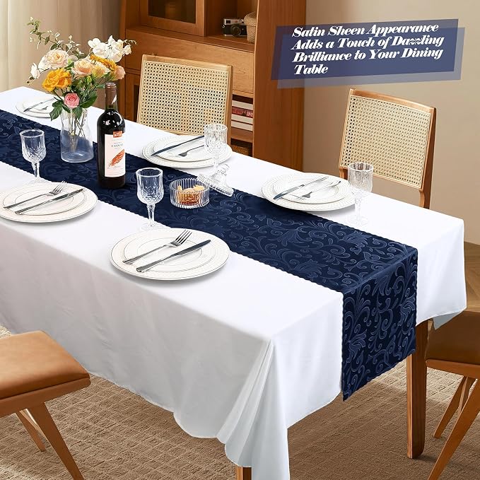 MILVOWOC 12 Pack Navy Blue Satin Table Runner, 12 x 72 Inch Jacquard Damask Table Runner Rectangle Bright Silky Decorative Table Runner for Party Banquet Birthday Dinner Wedding Table Decor