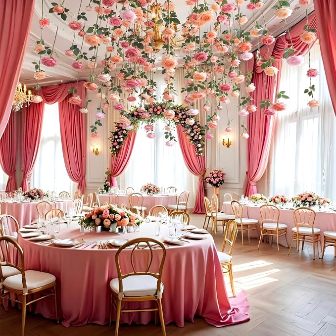 Lyrow 60 Pack Pink Roses Artificial Flowers Bulk Hanging Floating Garland Fake Pink Rose Vine for Ceiling Decoration Wedding Anniversary Bridal Bouquet DIY Floral Arrangement Proposal Romantic Decor