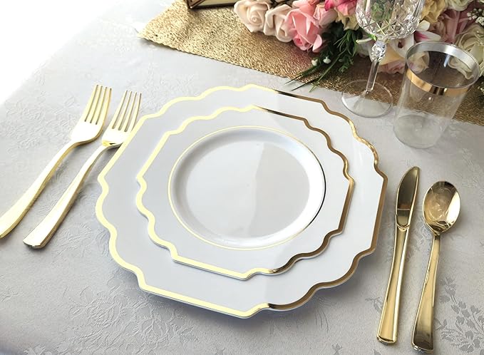 OCCASIONS 80 Gold Plastic Plates for 40 Guests, Heavyweight Disposable Dinnerware Set, 10.5" Dinner + 8" Dessert, Elegant Party Tableware for Wedding Baby Shower (Imperial White & Gold)