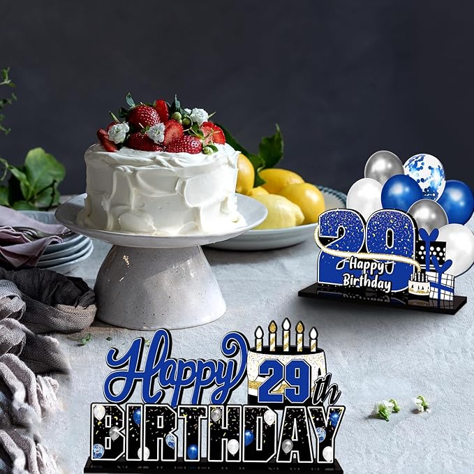 LINGTEER Happy 29th Birthday Blue Acrylic Table Topper Centerpieces Set - Cheers to 29 Years Old Birthday 29th Bday Party Gift Decorations.