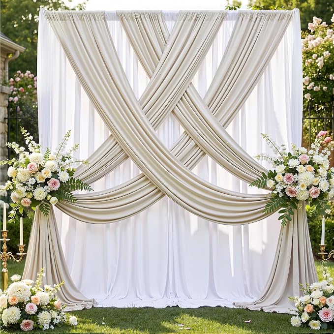 10ft×12ft Beige Backdrop Curtain for Wedding Parties, 2 Panels Wrinkle Free Polyester Photo Backdrop Drapes Back Drop Cloth for Birthday Photography Background