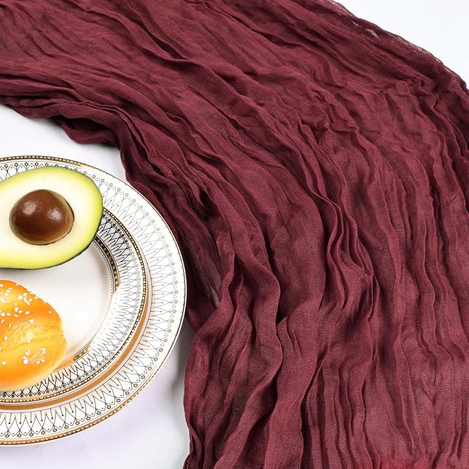 6 Pack 10FT Burgundy Cheesecloth Table Runner 120 Inch Long Gauze Rustic Boho Spring Cheese Cloth Table Runner Sheer Fabric Decorations for Holiday Party Wedding Banquet Bridal Baby Shower Décor