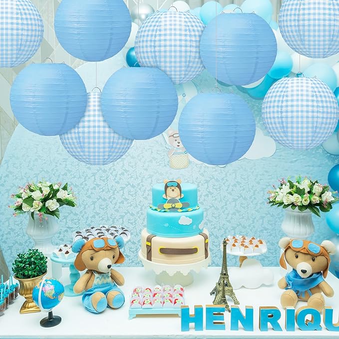 Honoson 12 Pcs Blue Gingham Paper Lanterns 10 Inch White and Blue Checkered Plaid Round Chinese Hanging Lanterns for Baby Boy Shower Wedding Birthday Picnic BBQ Decoration