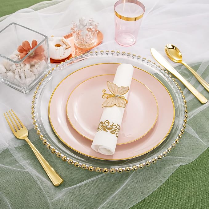 Rubtlamp 210Pcs Plastic Pink Plates with Gold Plastic Silverware Set Include 30Pink Dinner & 30 Dessert Plates, 90Gold Cutlery, 30Gold Cups, 30Napkins, Pink Dinnerware for Valentines&Mother's Day