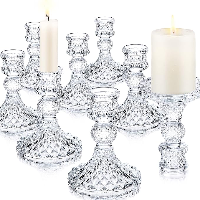 Sieral 24 Pcs Clear Taper Candle Holders 4'' Tall Glass Candlestick Holders Bulk Crystal Decorative Stand Wedding Stick Holder for Anniversary Party Dining Table Festival Decor