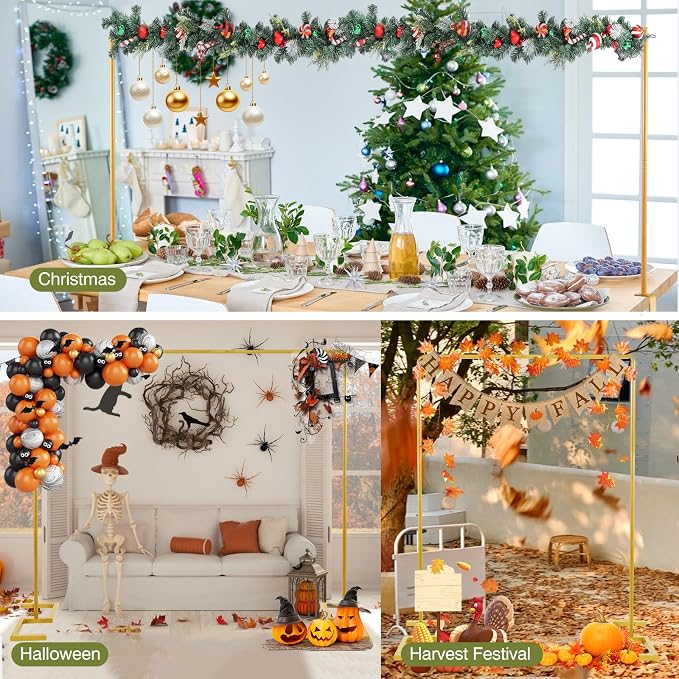 8.2FT x 8FT Backdrop Stand Heavy Duty with Base, Gold Portable Adjustable Pipe and Drape Backdrop Stand Kit, Over The Table Rod Stand with Clamps, Square Metal Arch Party Frame for Birthday Decor