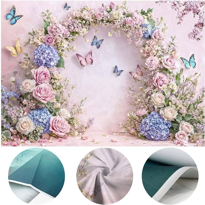12x10ft Pink Butterfly Floral Backdrop Baby Shower Colorful Flowers Backdrops for Photograph Background Wedding Girl Birthday Table Cake Party Decorations Photo Studio Props