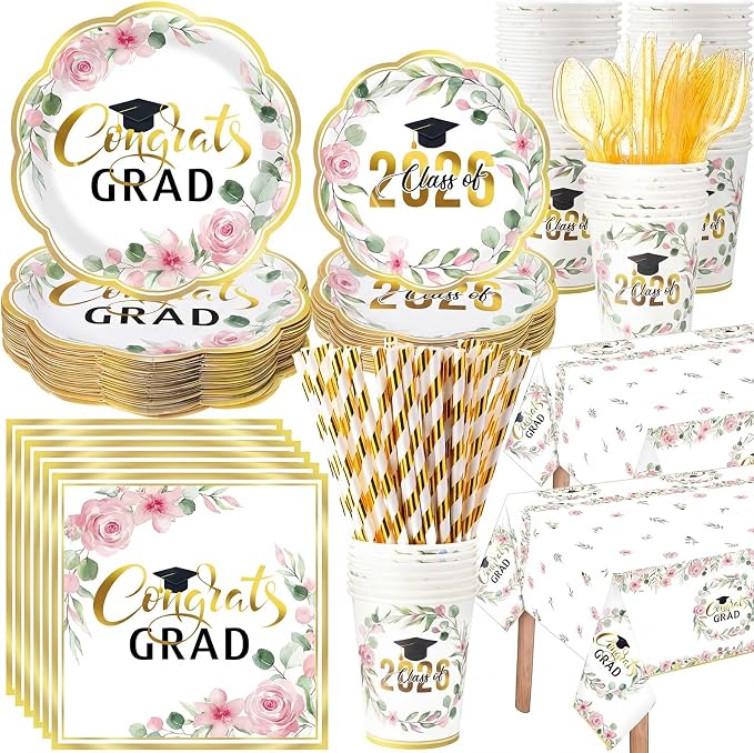 Funnymoom 452 Pcs Class of 2026 Pink Floral Graduation Decoration Party Supply for 50, Pink Gold Congrats Grad Paper Plates Napkins Cup Tablecloth Cutlery Straw for Freshly Graduated Decoration