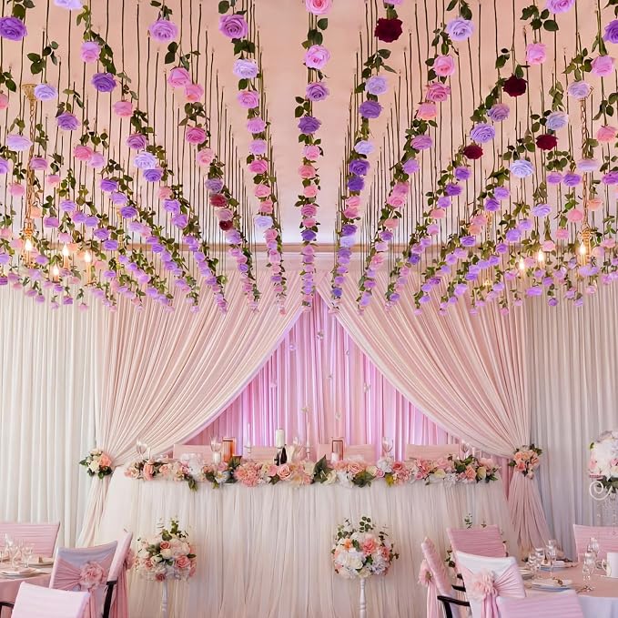 Lyrow 60 Pack Lavender Purple Artificial Flower Hanging Ornaments Purple Roses Floating Garland Moody Vintage Mauve Wedding Lilac Boho Cottagecore Ceiling Garland Bridal Shower Bouquet Table Decor