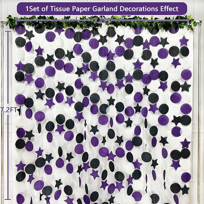 173 Ft Purple Black and White Party Decorations Big Star Circle Dot Backdrop Streamer Garland for Graduation Birthday Bachelorette Engagement Wedding Bridal Shower Baby Shower Halloween Party Supplies