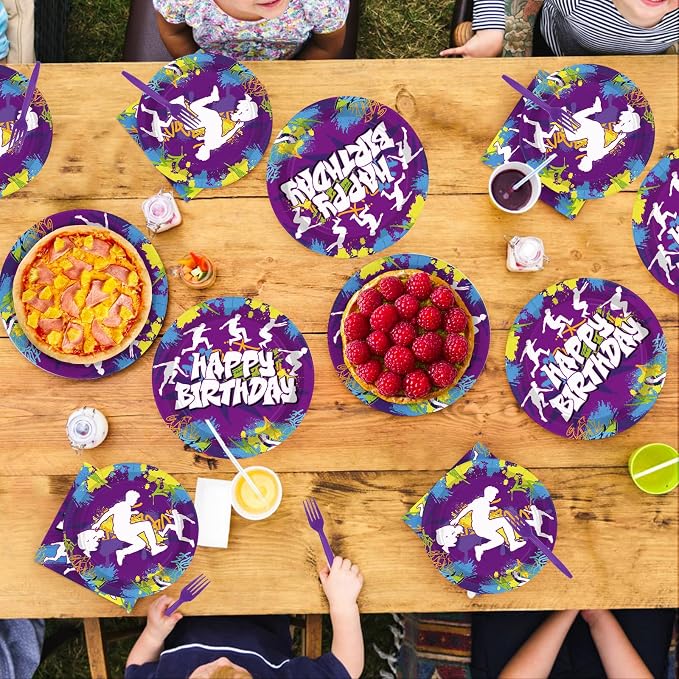 96Pcs Parkour Birthday Party Decorations Purple Happy Birthday Plates and Napkins Parkour Theme Tableware Set for Men Women Extreme Sports Run and Jump Party Supplies Serves 24