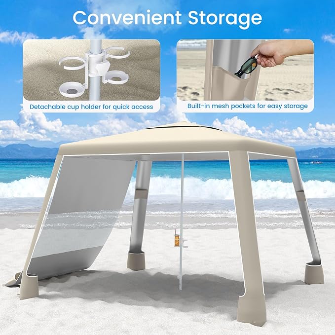 MoKo Beach Cabana, 8'×8' Large Beach Canopy with Side Wall, UPF 50+ Protection Easy Setup Beach Tent Sun Shelter, Adjustable Height Wind Resistant Cabana Beach Tent for Whole Family, Khaki