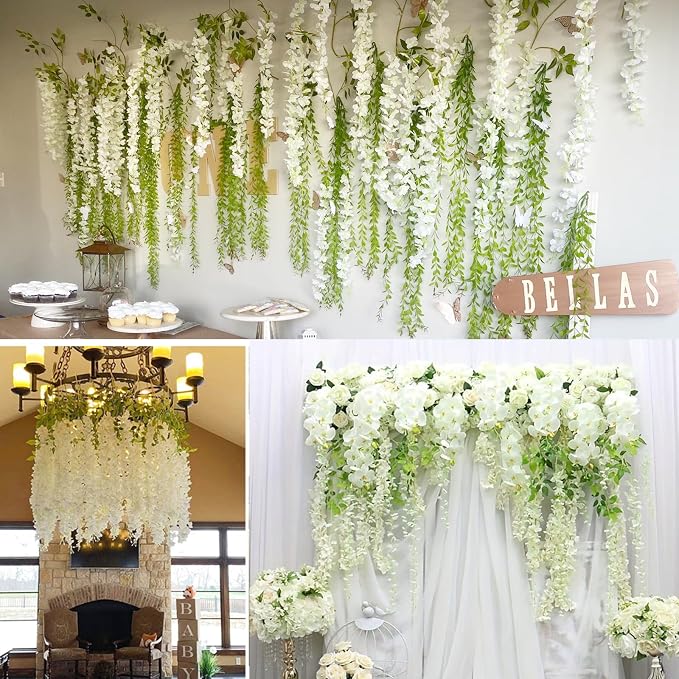 Artificial Wisteria Hanging Flowers Fake Wisteria Flower Garland Silk Vines Rattan Decor for Home Wedding Arch Wall Garden Greenery Bedroom Outdoor Office Party Decoration (48, White)