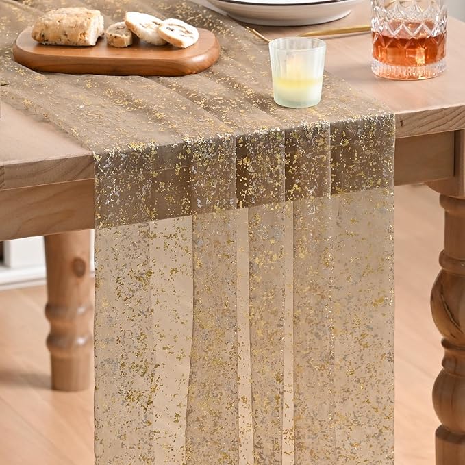 Artoid Mode 3PCCoffee Gold Gauze Table Runner 120 Inch 10FT, Glitter Metallic Foil Sheer Dining Wedding Anniversary Holiday Birthday Table Decor for Home Party