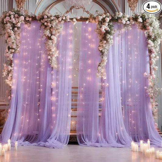 20×10ft Purple Tulle Backdrop Curtain with Lights String for Parties, Sheer Photo Backdrop Curtains for Wedding Party Photography Background