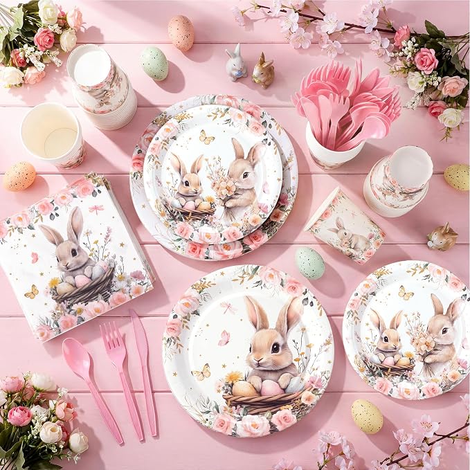 400 Pcs Bunny Birthday Party Decorations for 50 Guests, Pink Floral Bunny Paper Plates and Napkins Cups Cutlery Rabbit Disposable Tableware Set for Spring Baby Shower Birthday Supplies